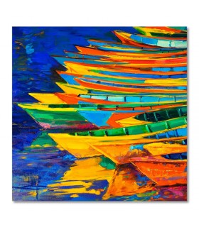 Cuadro con barcas coloridas sobre fondo azul intenso