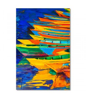 Cuadro con barcas coloridas sobre fondo azul intenso