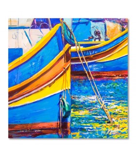 Cuadro barcos amarillos y azules en puerto