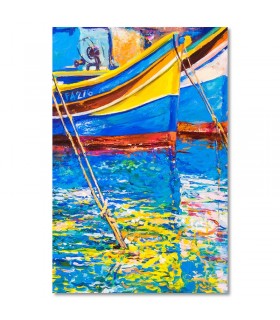 Cuadro barcos amarillos y azules en puerto