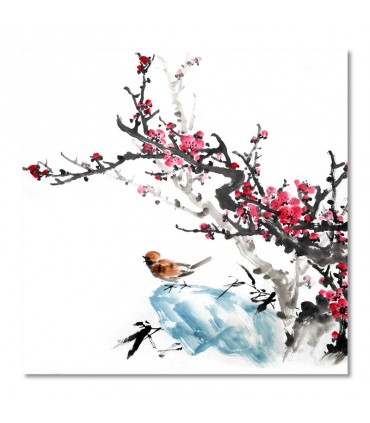 Cuadro decorativo con ave sobre rama floral oriental