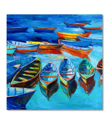 Cuadro barcas coloridas sobre agua azul
