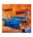 Lienzo barcas azules en agua naranja vibrante