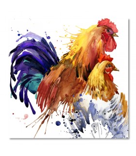 Cuadro gallo y gallina en acuarela