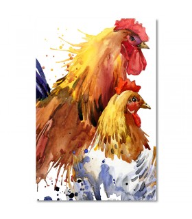 Cuadro gallo y gallina en acuarela