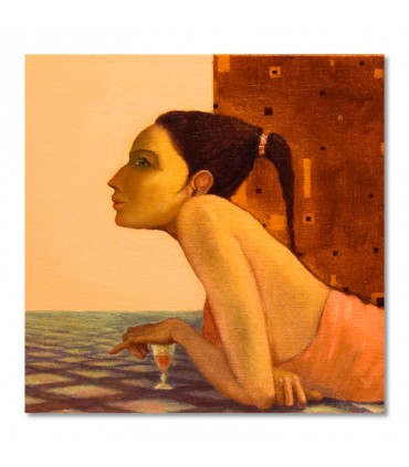 Cuadro mujer con copa en tonos tierra