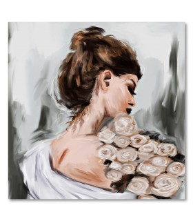 Cuadro mujer con ramo de flores blancas