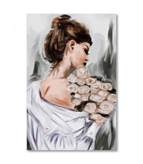 Cuadro mujer con ramo de flores blancas