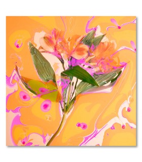 Cuadro flor tropical sobre fondo liquido naranja