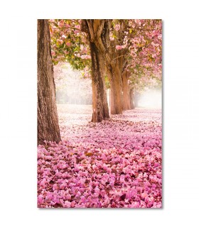 Cuadro camino de árboles y flores rosadas
