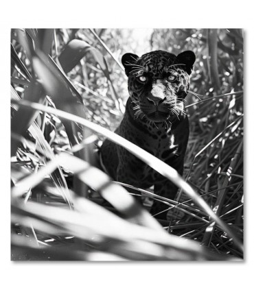 Cuadro felino entre la maleza en blanco y negro