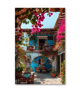 Cuadro patio lleno de flores y fachada azul