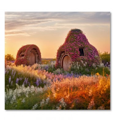 Cuadro casitas florales al atardecer