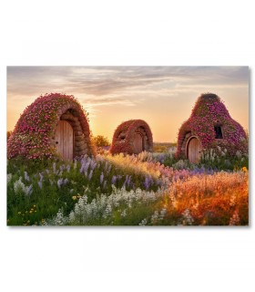 Cuadro casitas florales al atardecer
