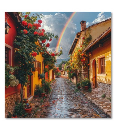 Cuadro de calle empedrada y arco iris