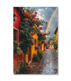 Cuadro de calle empedrada y arco iris