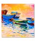 Cuadro barcos coloridos sobre agua al atardecer
