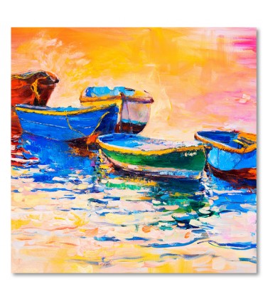 Cuadro barcos coloridos sobre agua al atardecer