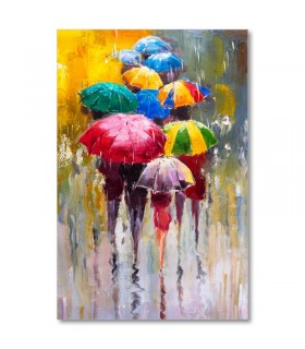 Cuadro paraguas coloridos bajo la lluvia