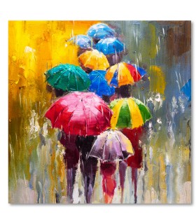Cuadro paraguas coloridos bajo la lluvia