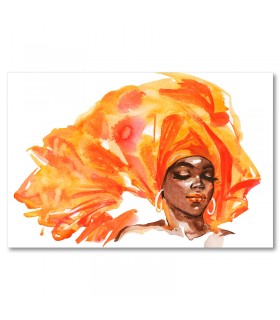 Cuadro acuarela de mujer africana con turbante naranja