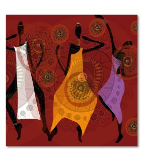 Cuadro mujeres africanas bailando sobre fondo rojo tribal