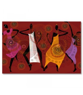 Cuadro mujeres africanas bailando sobre fondo rojo tribal
