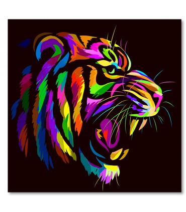 Cuadro tigre rugiendo colores vivos fondo oscuro