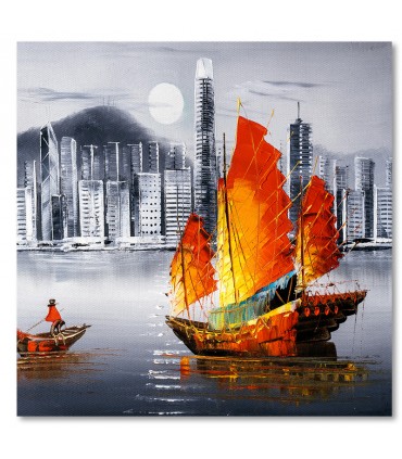 Cuadro barco oriental con ciudad moderna