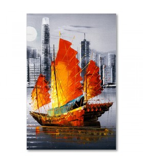 Cuadro barco oriental con ciudad moderna