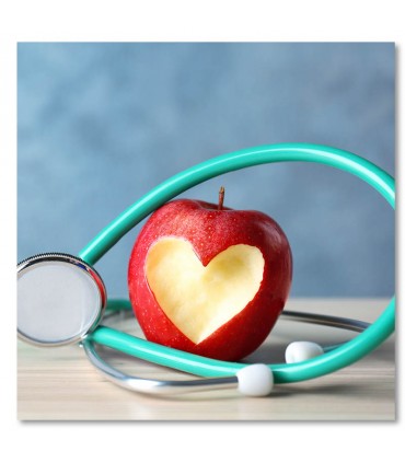 Cuadro sanidad manzana con corazon y estetoscopio
